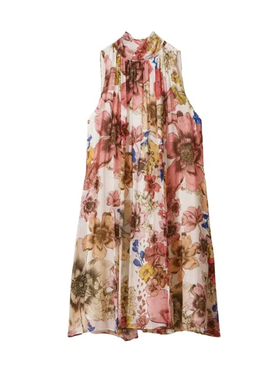 Reiss Kady - Cream/pink Floral Pleated Tie Neck Mini Dress, Us 6