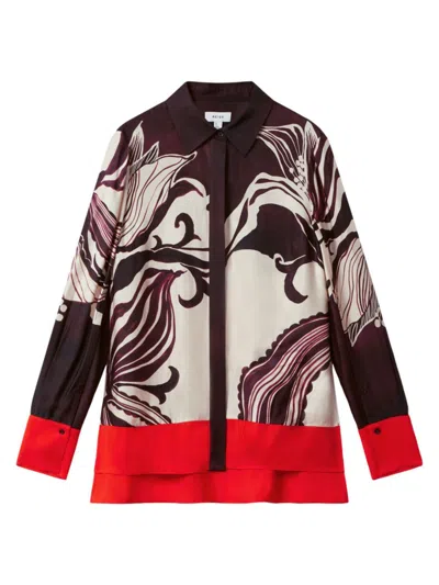 Reiss Burgundy/cream Kari Printed High-low Button-through Shirt In Red Cream