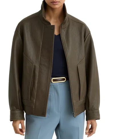 Reiss Women's Kiara Oversized Funnel Neck Leather Bomber Jacket In Khaki Green