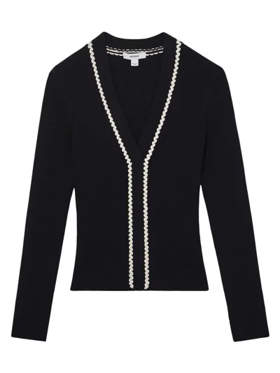 Reiss Womens Navy White Lauri Craft-stitch Ribbed-knit Top Xs In Black