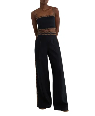 Reiss Women's Linen Wave-trim Wide-leg Trousers In Blue