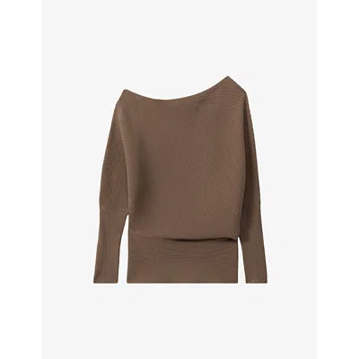 Reiss Womens Mink Lorna Draped-neck Asymmetric Stretch-knit Jumper In Mink