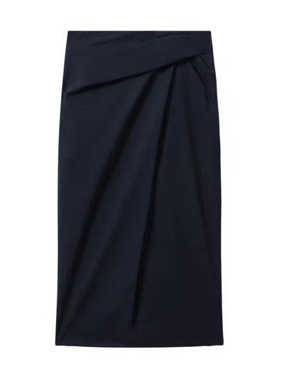 Reiss Nadia - Navy Cotton Blend Wrap Front Midi Skirt, Us 8