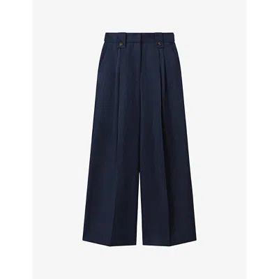 Reiss Womens Navy Leila Wide-leg High-rise Linen Trousers