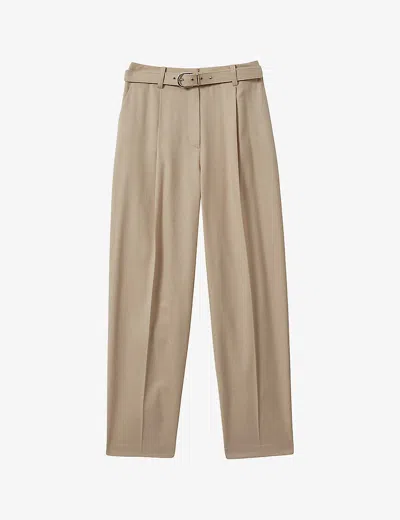 Reiss Freja Belted-waist High-rise Stretch-woven Trousers In Neutral