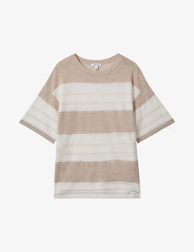 Reiss Isla Stripe-print Short-sleeve Cotton And In Neutral/ivory
