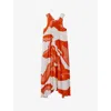 Reiss Avia Graphic-print Dipped-hem Woven Midi Dress In Orange/white