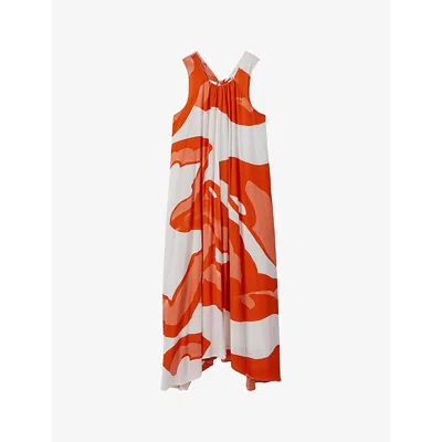 Reiss Avia - Orange/white Printed Dipped Hem Midi Dress, Us 8