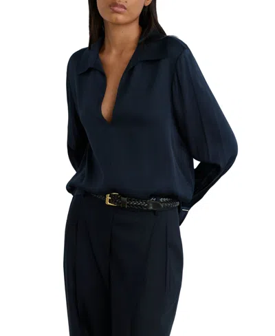 Reiss Women's Orla Silk-blend Open-collar Long-sleeve Blouse In Navy