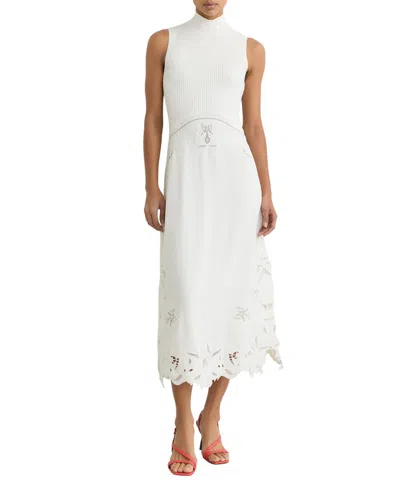 Reiss Women's Rib-knit Mix Broderie Midi Dress In White