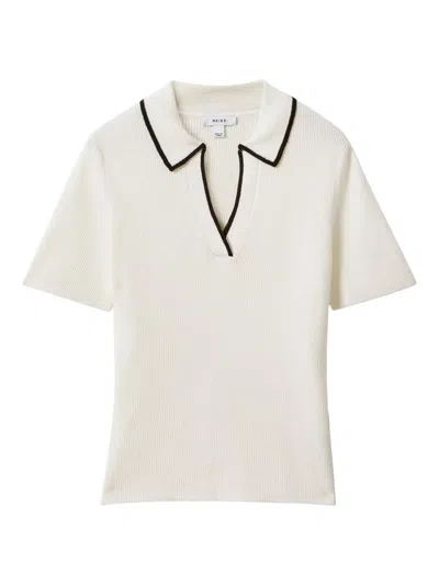 Reiss Ivory/black Seleena Linen Blend Open Collar Polo Shirt In Ivory Navy
