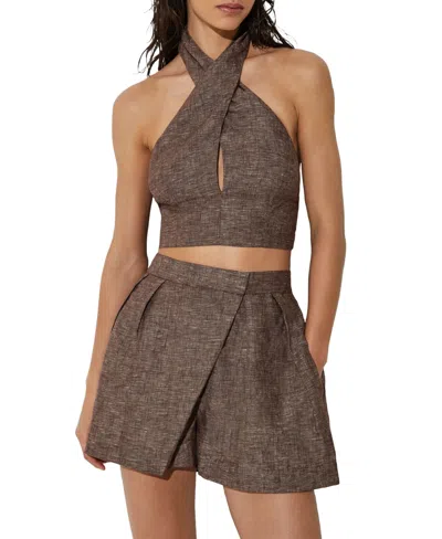 Reiss Taupe Brown Linen Wrap-front Halterneck Crop Top