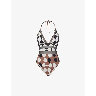 Reiss Hope Geometric-print Stretch Cotton-blend Swimsuit In White/black