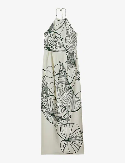 Reiss Lexi Floral-print Halter-neck Stretch-woven Maxi Dress In White/green