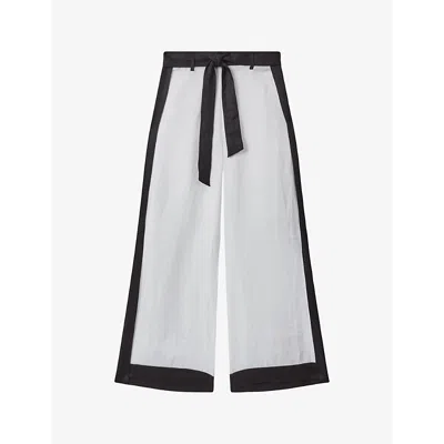 Reiss Harlow Colour-block High-rise Linen Trousers In White/navy