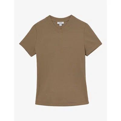 Reiss Womens Addison V-neck Stretch-cotton T-shirt Camel