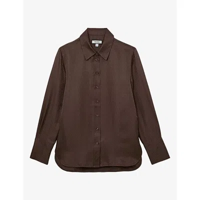 Reiss Womens Aliana Jacquard Long-sleeve Silk Shirt Mocha Brown