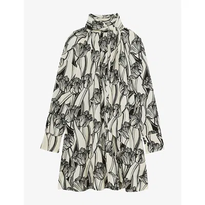 Reiss Womens Alwen Tie-neck Floral-print Woven Mini Dress Black Ivory In Gray