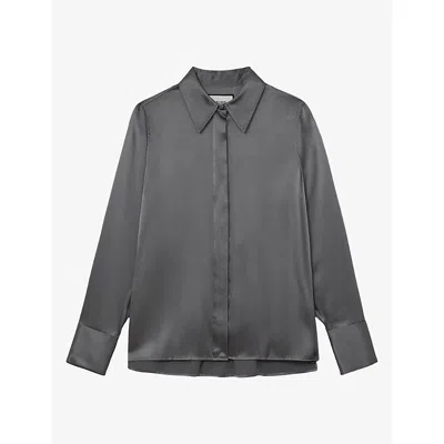 Reiss Womens Ameira Concealed-placket Long-sleeve Silk Shirt Dark Grey In Gray