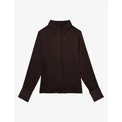 Reiss Womens Ameira Concealed-placket Silk Shirt Grape Burgundy In Brown