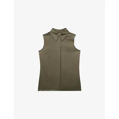 Reiss Womens Amelia Sleeveless Button-down Silk Shirt Khaki Green