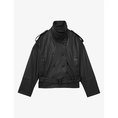 Reiss Womens Amelie Double-breasted Leather Jacket Black