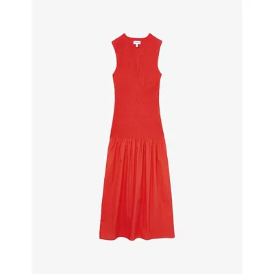 Reiss Womens  Annabel Shirred Cotton Midi Dress In Red