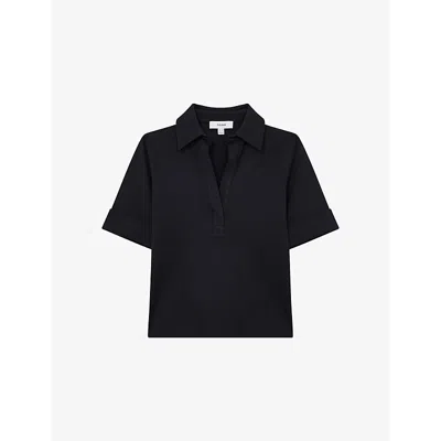 REISS WOMENS NAVY ASTRID OPEN-COLLAR SHORT-SLEEVE STRETCH-WOVEN POLO