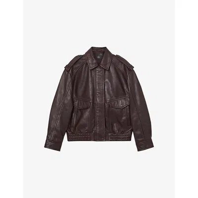 Reiss Womens Aubergine Peyton Oversized Leather Jacket In Brown