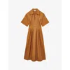 Reiss Aubrey Pleated A-line Cotton Midi Shirtdress In Rust