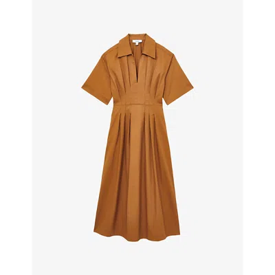 REISS WOMENS RUST AUBREY PLEATED-WAIST COTTON MIDI DRESS
