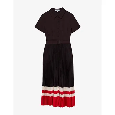 Reiss Womens Ayla Striped-hem Pleated Woven Midi Dress Grape Burgundy In Brown