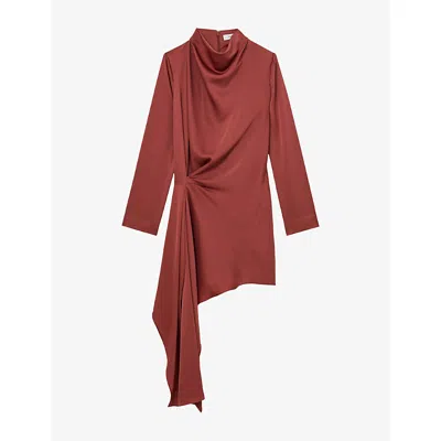Reiss Womens Bethany Draped Woven Mini Dress Rust Orange In Burgundy