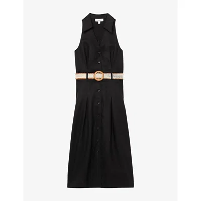 Reiss Womens Black Annie Belted Sleeveless Linen Midi Dress