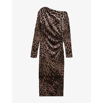 Reiss Womens Black Brown Briana Leopard-print Off-shoulder Stretch-velvet Midi Dress