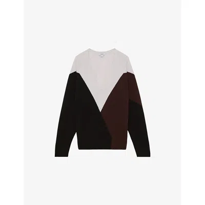 Reiss Womens Black Burgundy Cream June V-neck Colour-block Wool And Cashmere-blend Jumper
