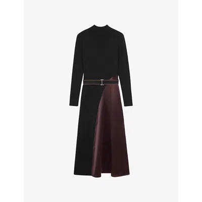 Reiss Womens Black Burgundy Misty Belted-waist Knitted Midi Dress In Multi