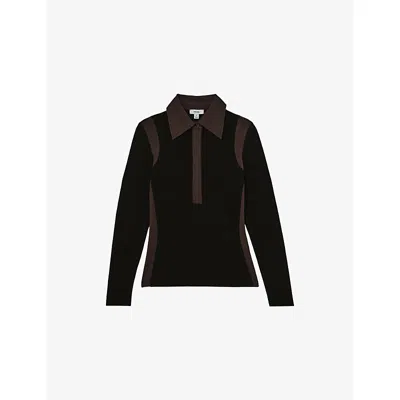 Reiss Womens Black Chocolate Brown Denise Colour-block Long-sleeve Stretch-jersey Shirt