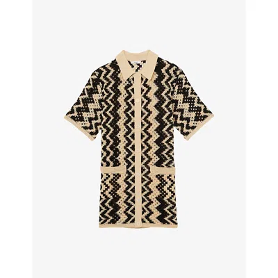 REISS WOMENS BLACK CREAM NATALIE ZIG-ZAG SHORT-SLEEVE CROCHET MINI DRESS XS