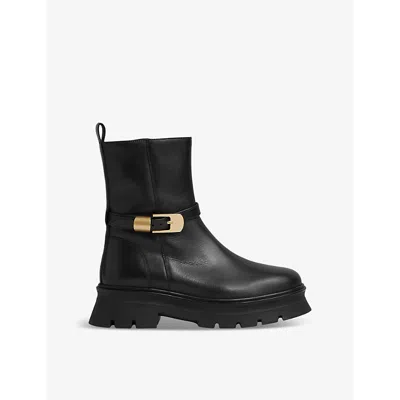 Reiss Black Elena Leather Cleated Ankle Boots