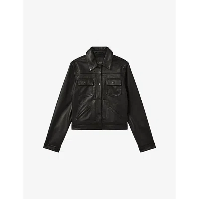 Reiss Womens Black Four-pocket Leather Trucker Jacket