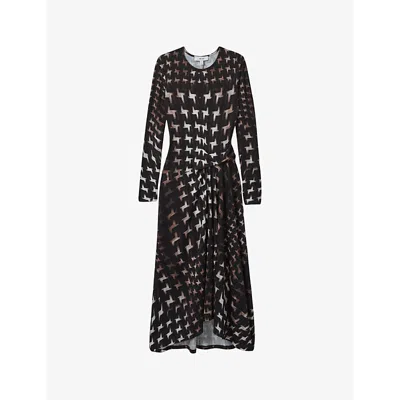 Reiss Womens  Halle Houndstooth-print Ruched Jersey Midi Dre In Black