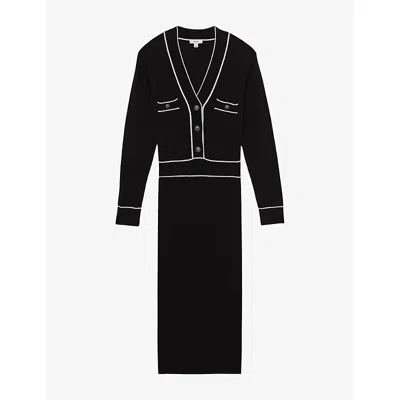 REISS WOMENS BLACK IVORY LORRIE CONTRAST-TRIM WOOL AND CASHMERE-BLEND MIDI DRESS