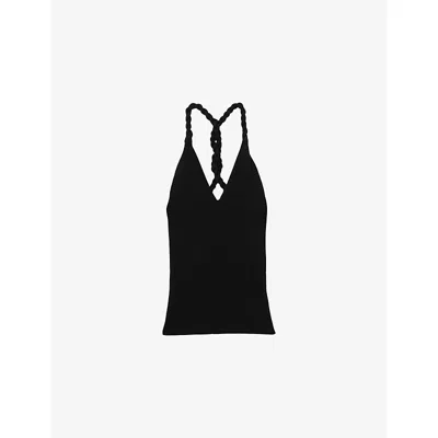 Reiss Womens Lauren Twist-strap Ribbed Linen Vest Top Black