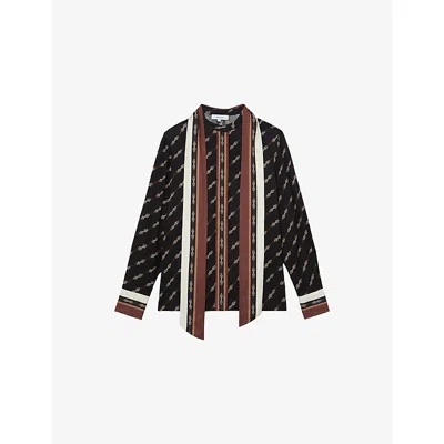 Reiss Womens Black Lydia Tie-neck Chain-print Woven Shirt In Multi