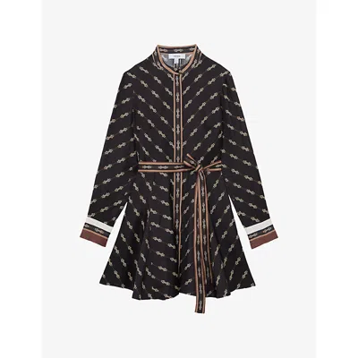 Reiss Womens Black Nina Chain-print Belted-waist Woven Mini Dress In Multi