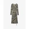 Reiss Womens Black Olive Riyo Graphic-print Ruched Stretch-jersey Midi Dress In Black Olive