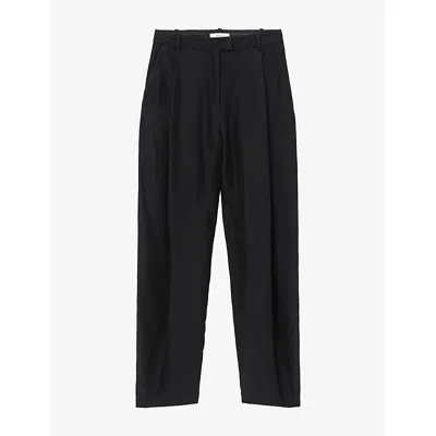 Reiss Womens Black Pleated Barrel-leg Crepe Trousers