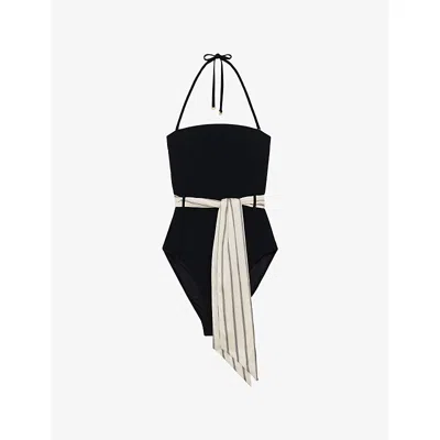 Reiss Womens Etienne Bandeau Scarf-belt Halterneck Swimsuit Black Print