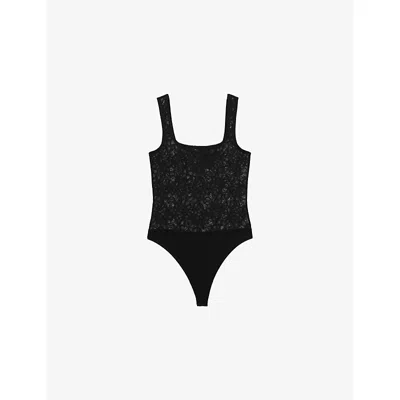 Reiss Womens Black Tia Floral-print Lace Stretch-woven Bodysuit